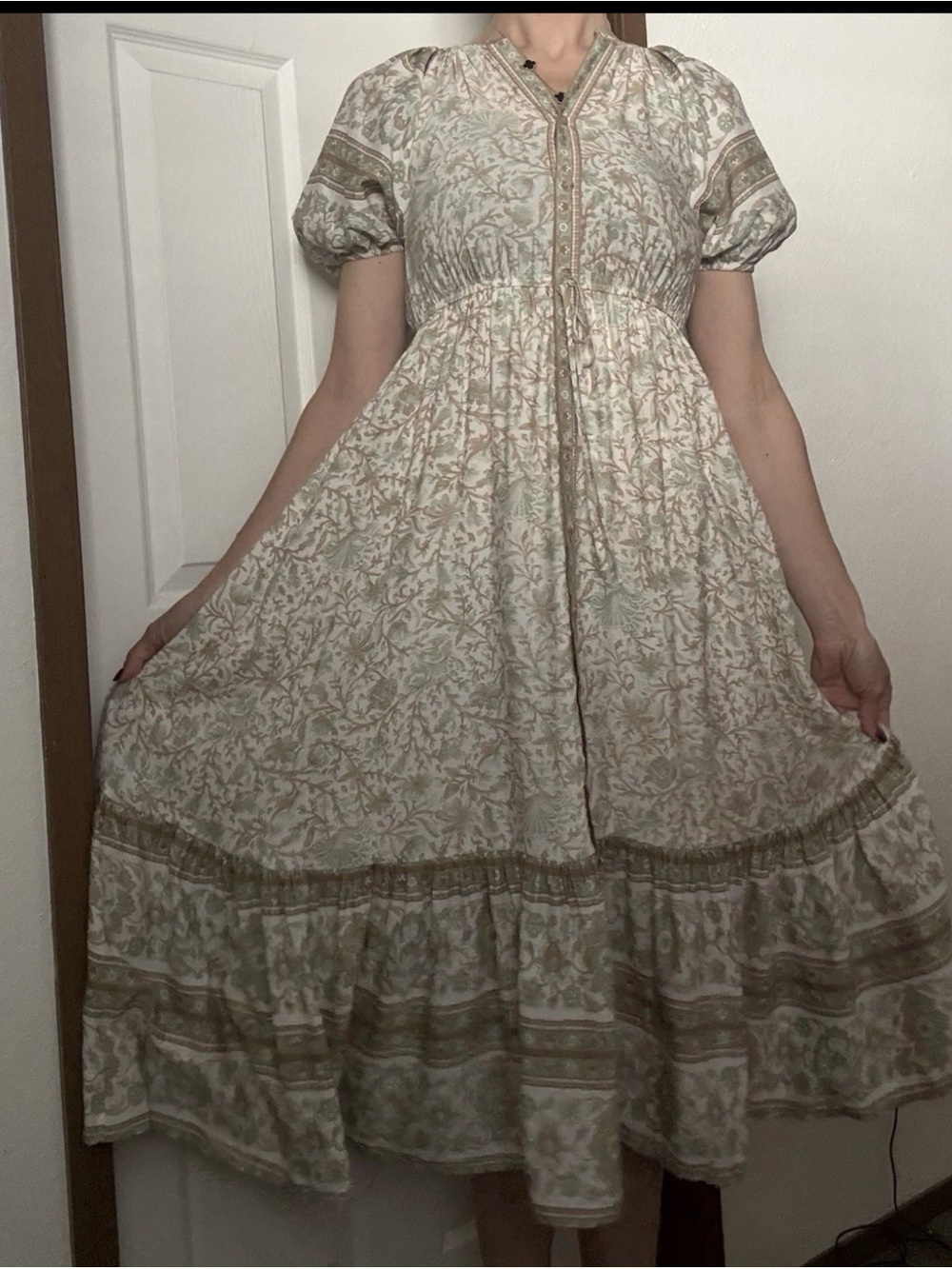 by the river boho floral midi maxi dress cream sage puff sleeve size s - Picture 2 of 10
